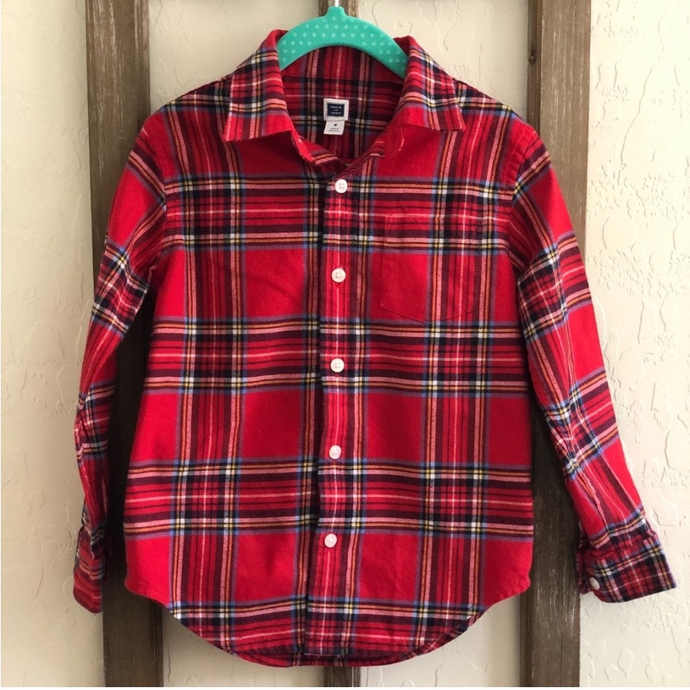 Janie & Jack Boys Long sleeve Holiday Plaid Flannel Button-Down Red and blue 7